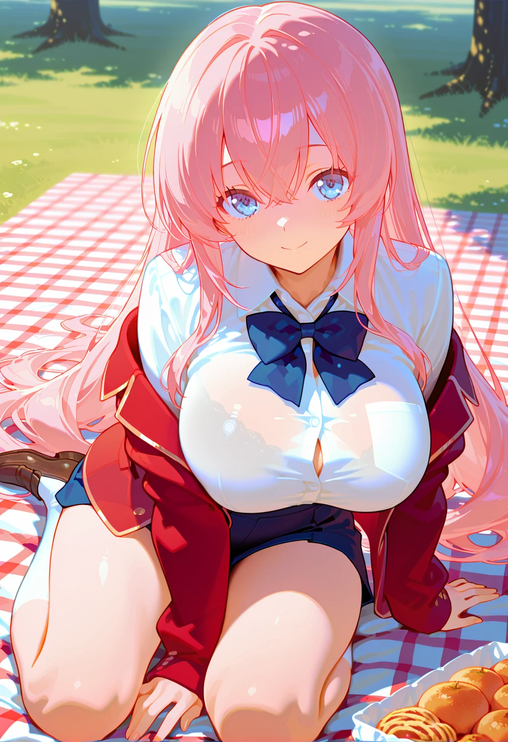 nodokaharamura, 1girl, solo, pink middle hair, huge breasts, red ribbon,
schooluniform, thighhighs,  loafers, stuffed penguin,
 indoor, sitting,  holding stuffed penguin in arm,