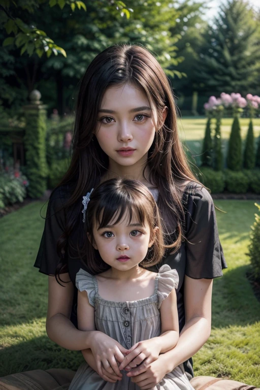 (8k, RAW photo:1.2)detailed face and eyes,最high quality, 超A high resolution, very detailed ,intricate details、bedroom、Javanese blouse、pretty girl , soft movie-like light, hyper detail,sharp focus, high quality, dripping from, green veil, shawl, in the forest, girl hug a kid boy, girl hug a childern boy