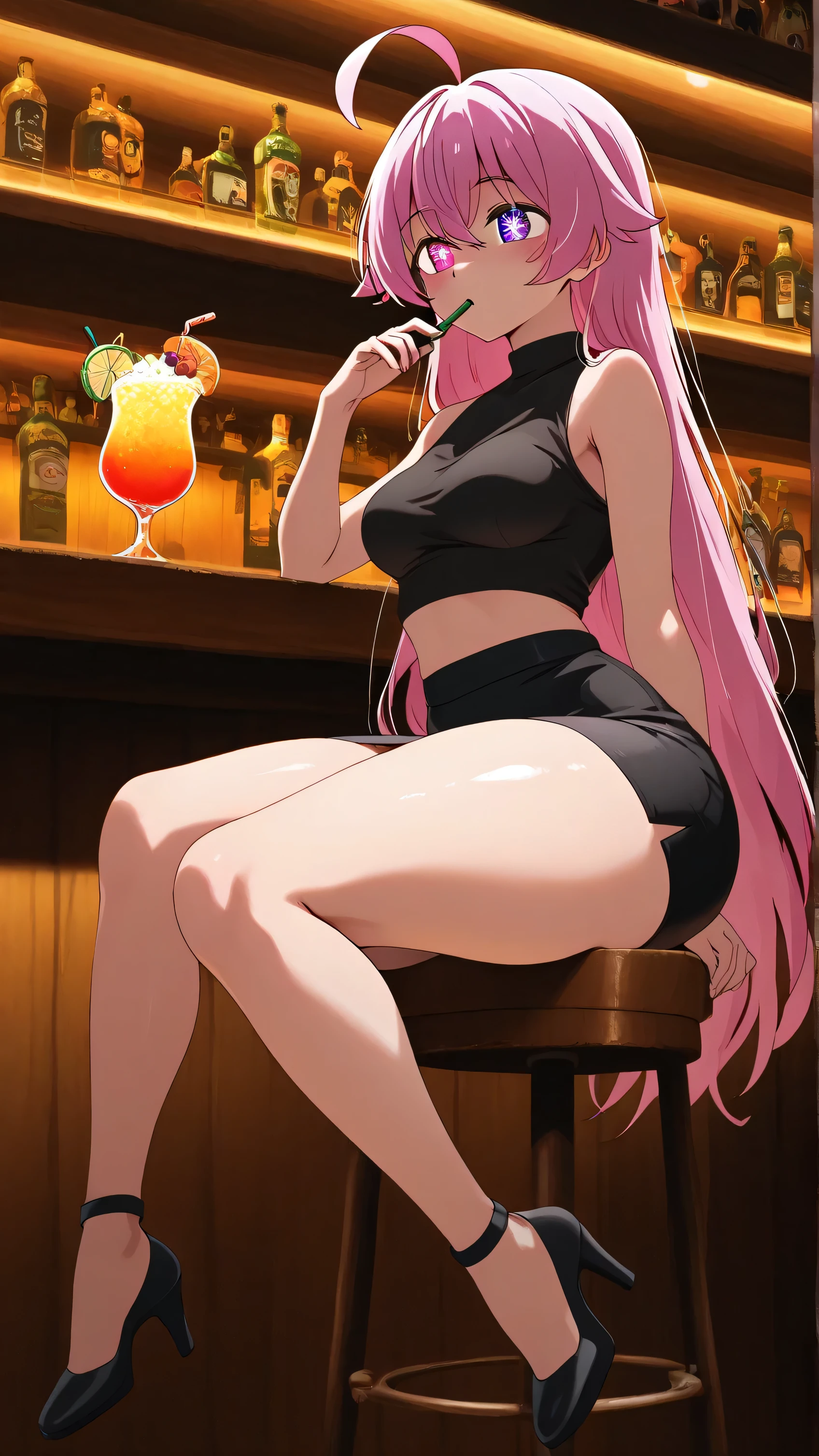 Ai Hoshino, medium breasts, big hips, big thighs, black sleeveless crop top, black mini pencil skirt, medium heels, sitting on a stool, in a bar, drinking a margarita, purple eyes, symbol-shaped pupils,