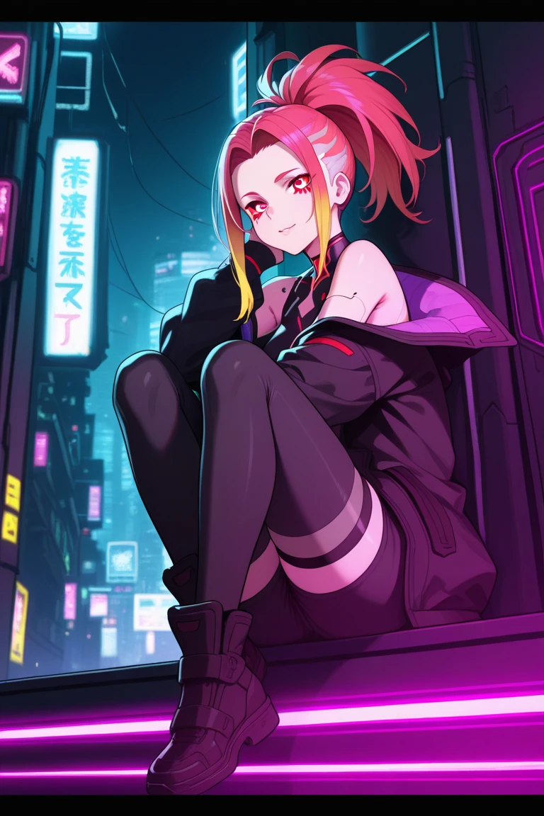 Solo, 1girl, ((best quality)), ((highly detailed)), masterpiece, detailed face, beautiful face, (detailed eyes, deep eyes), (1girl:1.33, solo), NeoRWBY, heterochromia, brown eyes, pink eyes, multicolored hair, brown hair, pink hair, long hair, unhappy, cleavage, small breasts, white jacket, crop top jacket, leotard, pants, neorwby, ((night)), detailed cyberpunk city background, sitting on rooftop, hugging knees, side profile, city skyline, slim