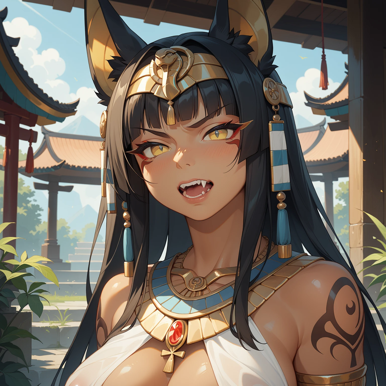 queen panther girl from ancient Egypt, (((panther woman,anthro furry cute,panther female warrior,panther-girl))),(((tail,panther tail,panther ears,thin panther tail,panther ears on head,big panther ears))),(large breasts:1.4,saggy breasts),((black hair:1.4,straight hair,long hair:1.4,colored inner hair)),(((red_eyes:1.3))),intricate eyes,beautiful detailed eyes,symmetrical eyes,((((lustrous skin:1.5,tanned skin,bright skin: 1.5,skin tanned,shiny skin,very shiny skin,shiny body)))),(spider lower abdomen,narrow waist,wide hip,athletic body,inflated legs),(((detailed face))),beautiful detailed lips, slutty,sensual,seductive look,seductive,((erotic)),opulent,(((nsfw))), (((huge cleavage))),revealing clothes,show skin,((underboob)),(barefoot,),Egyptian adornments,(((red veil))),desert warrior with little clothing,((tiny loincloth)),Egyptian tattoo,arms covered in Egyptian adornments,shoulder pad,(((nemes with that of the sphinx))),include hieroglyphics in clothing,((clothing in red and black and white colors)),((Egyptian designs on the arms)),(((Transparent cloth:1.1,wet clothes,intricate outfit,embroidered outfit,ornate outfit,intricate clothes,embroidered clothes,ornate clothes))), dynamic pose,looking at viewer,(smirk,beautiful smile),centered,scale to fit dimensions,Rule of thirds, inside a cavern,pillars,((pillars background,egyptian palace background)),scenery,extremely scenery,(torches,torches in the background),Egypt castle,(sunset, golden hour), (Glossy Egyptian ornaments),(top-quality,8K,32K,masterpiece),high resolution,(Photorealistic:1.4),Ray tracing,Sun glare,depth of fields,By backlight effect,Add depth to your screen,(((vibrant colors,vibrant theme))),(intricate),(high contrast,photorealistic artwork:1.37),(best quality,4k,highres,masterpiece:1.2),ultra-detailed,(realistic,photorealistic,photo-realistic:1.37),professional,