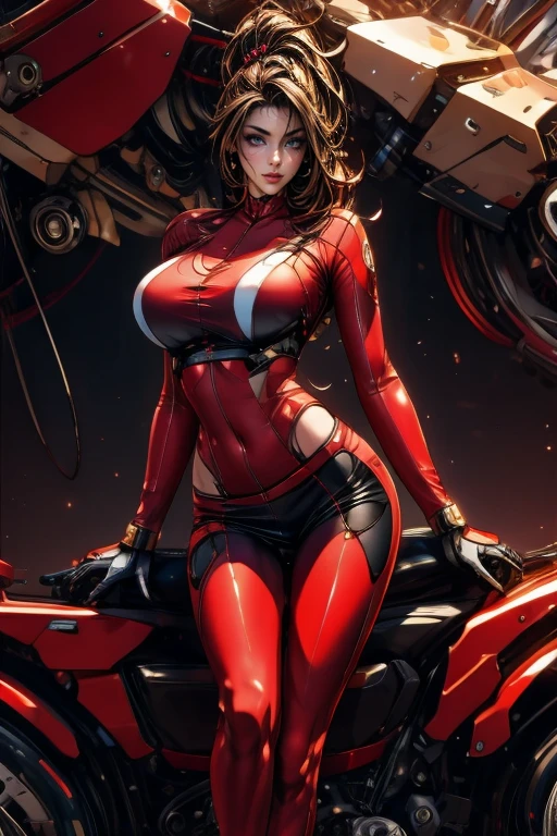 a beautiful Asian woman, A gorgeous female mechanic in an atompunk style, with a blank background, wearing an unzipped orange jumpsuit revealing cleavage, featuring a mechanical hand and cybernetic augments, in a retro-futuristic setting with gunmetal grey tones,
