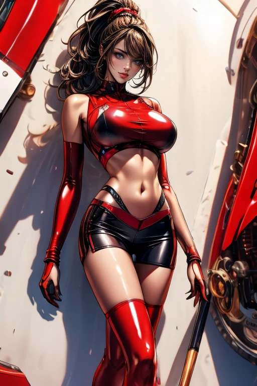 a close up of a woman in a red outfit with headphones on, comic digital art, seductive anime girl, beautiful cyborg girl pinup, cute cyborg girl, style artgerm, beautiful alluring anime woman, gynoid body, in the style artgerm, extremely detailed artgerm, seductive. highly detailed, wanda maximoff