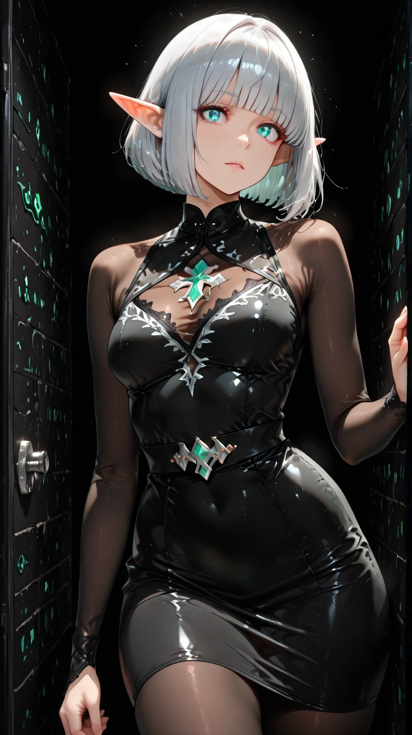 One young woman short white hair Glowing green eyes Black Skirt Green glowing magic in hand smile Black clothes Bust Size B Black gloves Her hair is fluttering