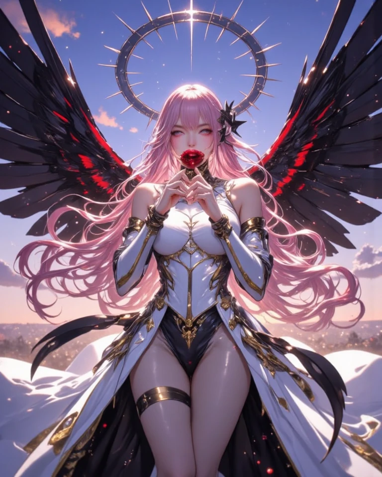 Young moon goddess adorned with purple hair on a bright dark fantasy moon scaffold with wings and soft features, dark red eyes, bright white angel wings, bright lights and sparks, Anime goddess, Unreal Engine rendering + an angel 8K 3D rendered character art, 3d rendering of a cute anime girl, artegerm' anjo, Motor 3D Unreal, Anime angel wings detailed, High quality 8k detailed artwork, goddess. Extremely high level of detail, photorealistic rendering of anime girl, goddess of Light, silver diamond tiara on head beautiful curly hair