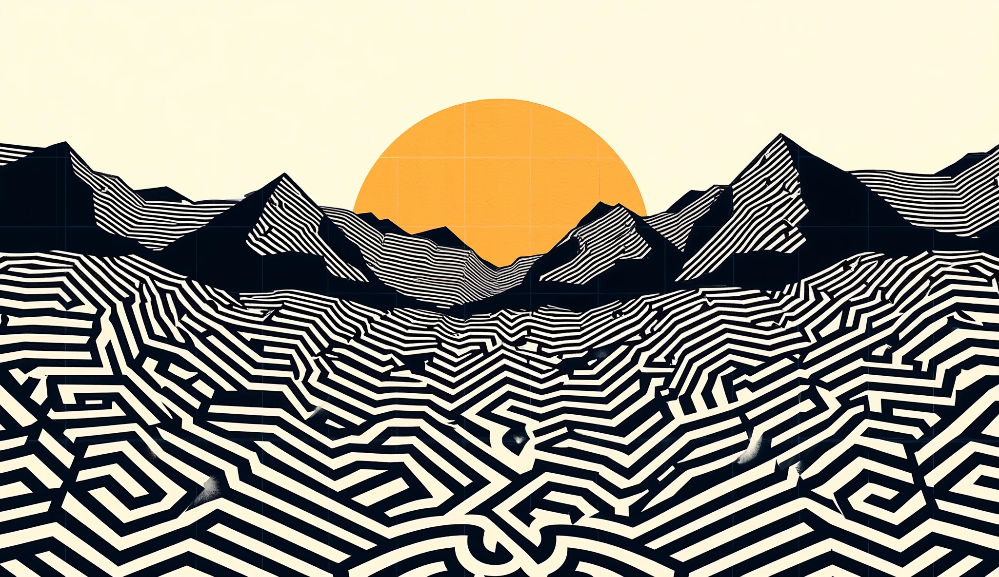 Landscape with mountains, um campo, sun setting, geometric , made entirely of patterns with parallel lines, as if it had been made with ribbons.