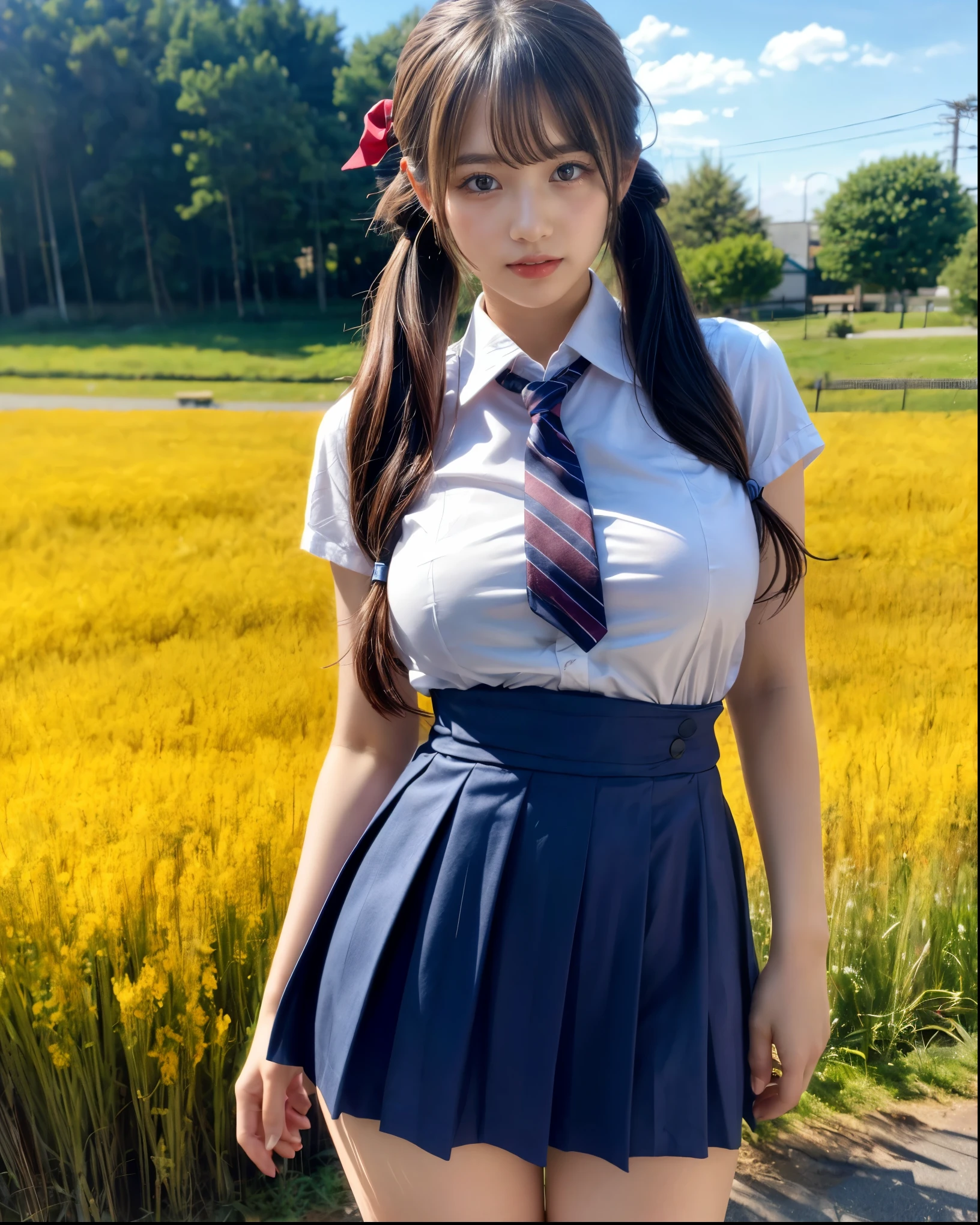 8K、RAW Photos、Highest quality、Super detailed、Super Resolution、Ultra HD、8K壁紙、Amazing details American blazer uniform girl ((White blouse with formal collar, Blue blazer, Blue plaid skirt, Red checkered ribbon on blouse)), Complete limbs, Full Finger,
A large sunflower field in the countryside、Straight road、Walk through the sunflower field,smile、sun、School bag、Heart Necklace
(((Emphasize cleavage)))
(((Full body photo)))
((Blue sky))