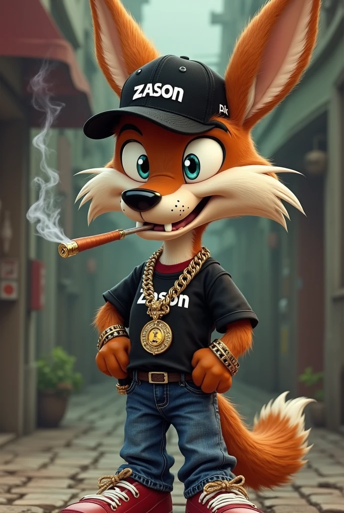 A alone Mexican muscular male fox fursuit looking at the camera and smiling full body view blue eyes and purple fur a Mexico background wearing a black jacket a red t-shirt and blue long pants 