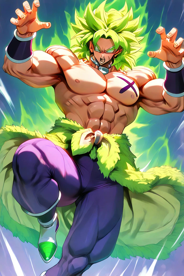 Broly(Dragon Ball), wearing purple pants, Shine, Chiaroscuro, high resolution jockstrap, masterpiece, dynamic pose, green hair, Aura around it, releasing energy