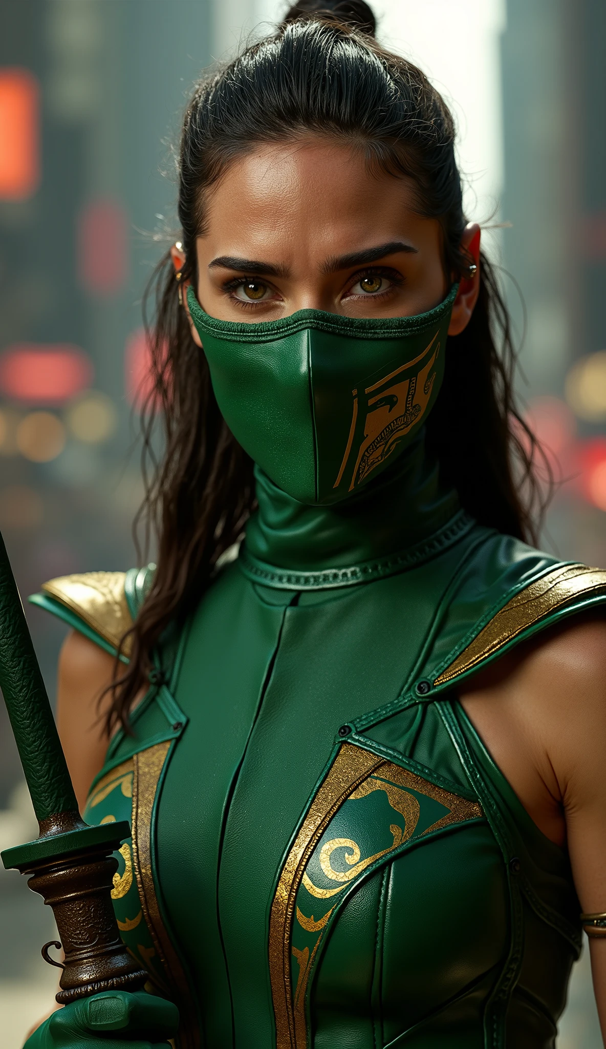 , Sandra Bullock assumes the role of Jade in an impressive interpretation of the warrior * mortal kombat*. almost untouchable. Wearing her iconic emerald green costume with gold , she exudes a strong and determined presence , combining the elegance of a lethal assassin with the discipline of a loyal guardian . Her half-open mask reveals enough to highlight her expressive and calculating eyes , reflecting intelligence and combat experience .
With her iconic combat rod in her hands , Sandra incorporates the agility and precision of Jade . details in the background, an intense city
Even with her serious and imposing posture , , there is a flash of intelligence and insight in her eyes - a trait that dominates like no one else. She brings to Jade a perfect balance between strength and charm , showing that behind her strict discipline there is a Reira of sharp mind and unwavering loyalty .
.ultra-detailed textures, cinematic lighting, resolution 8k, photorealism and dramatic atmosphere." .8k, details rendered on Unreal Engine 5 .