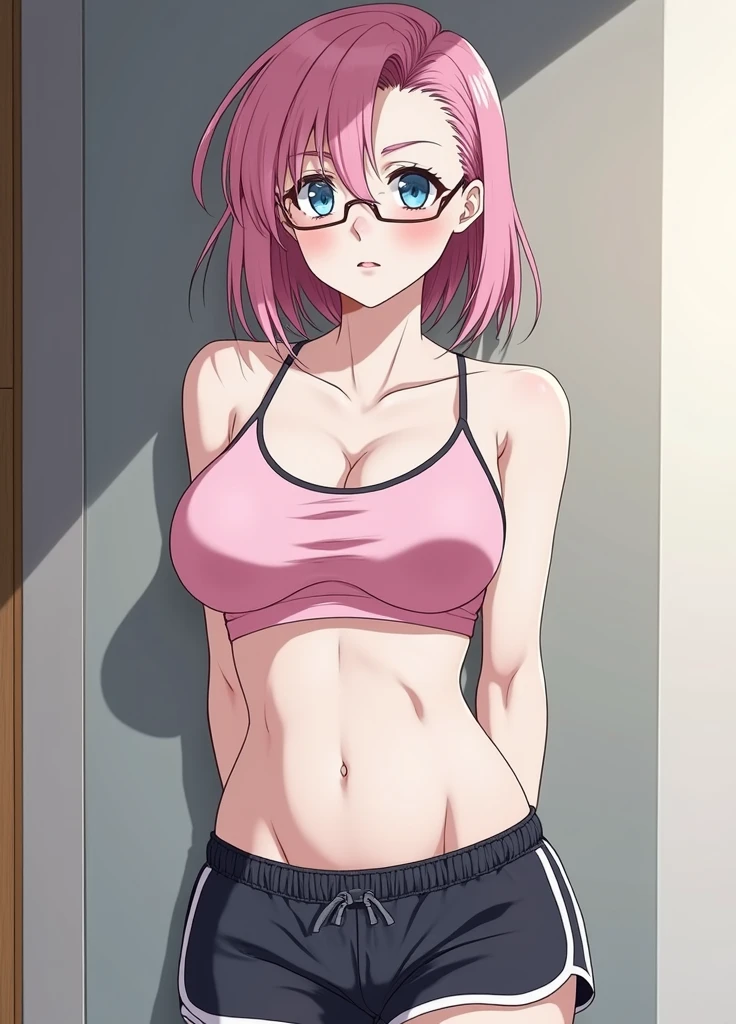 ichikanakano, Nakano Ichika, short hair, bangs, blue eyes, Hair between the eyes, Pink Hair,
Sports bra、Abdominal muscles、handcuffs、Blushing, Large Breasts,