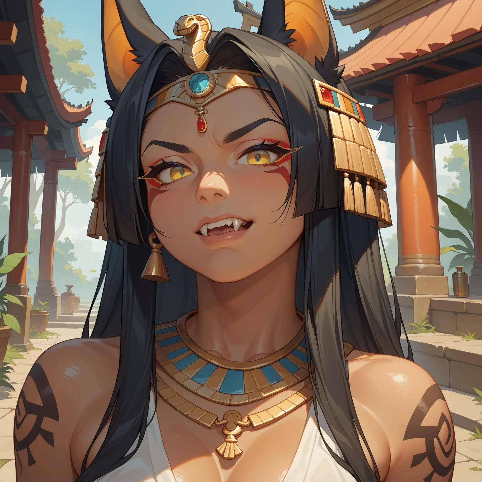 ((Frank Frazetta)), Beautiful full-bodied black woman, gorgeous eyes、 egyptian woman, Egyptian adornments, muscled body e perfeito,(maximum quality、8k、32 mil、Masterpiece artwork、nffsw:1.3)、超High resolution,(Photorealistic:1.4),, long black hair with heavy bangs on the forehead,,,sun glints,depth of fields,Backlight effects add depth to the screen、muscled body, red veil, dark skin shiny with oil and sweat, Anubis warrior in small clothes, good golden, Egyptian tattoo,, breasts big, generous neckline, , A desert, pyramids in the background