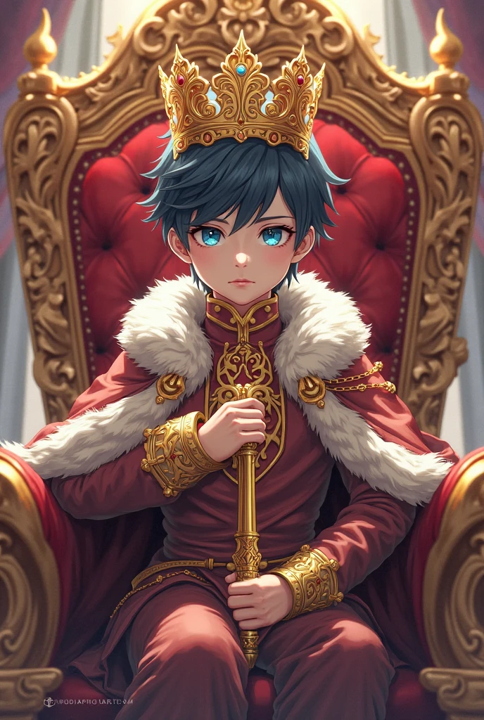 A little boy, sitting on King chair, looks King, head on crown, dark shadows, handsome, super details, rich colours.
