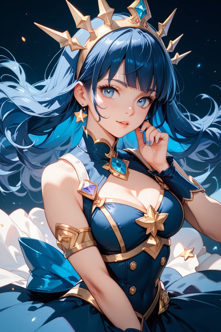 (Masterpiece:1.2), (best quality:1.2), (illustration:1.2), <lora:Prestige_Star_Guardian_Syndra-000018:1>, prestige star guardian syndra, 1girl, multicolored hair, puffy detached sleeves, frilled skirt, double bun, star hair ornament, sitting, upper body, potrait, starry sky, dark, rock