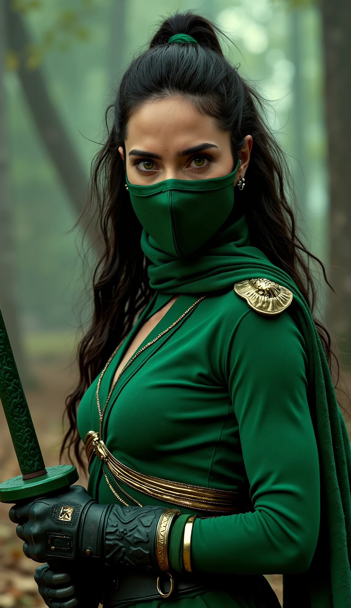 , Sandra Bullock assumes the role of Jade in an impressive interpretation of the warrior * mortal kombat*. almost untouchable. Wearing her iconic emerald green costume with gold , she exudes a strong and determined presence , combining the elegance of a lethal assassin with the discipline of a loyal guardian . Her half-open mask reveals enough to highlight her expressive and calculating eyes , reflecting intelligence and combat experience . With her iconic combat rod in her hands , Sandra incorporates the agility and precision of Jade . In the background one * Black Forest* Even with her serious and imposing posture , , there is a flash of intelligence and insight in her eyes - a trait that dominates like no one else. She brings to Jade a perfect balance between strength and charm , showing that behind her strict discipline there is a Reira of sharp mind and unwavering loyalty . .ultra-detailed textures, cinematic lighting, resolution 8k, photorealism and dramatic atmosphere." .8k, details rendered on Unreal Engine 5 .
