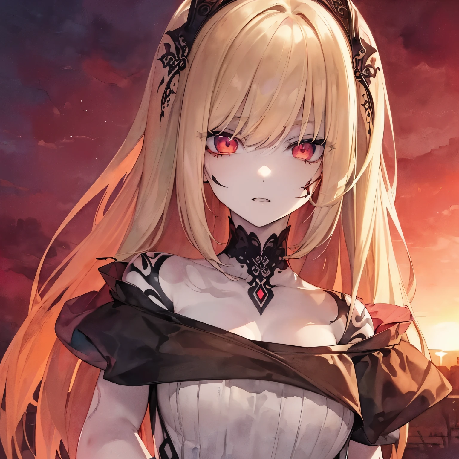 Masterpiece, Very detailed, Ultra-detailed, One, vampire-woman - pale skin, long golden hair, blood-red eyes and detailed white dress and with accessories on the head and body, with huge breasts and around the moon and stars, terrible and terrifying atmosphere