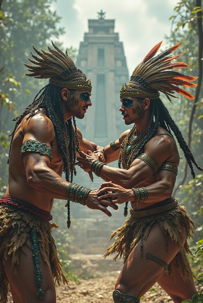 An Aztec soldier fighting a Russian soldier from the year 1500, that the confrontation is in the rain and the two are fighting with their fists