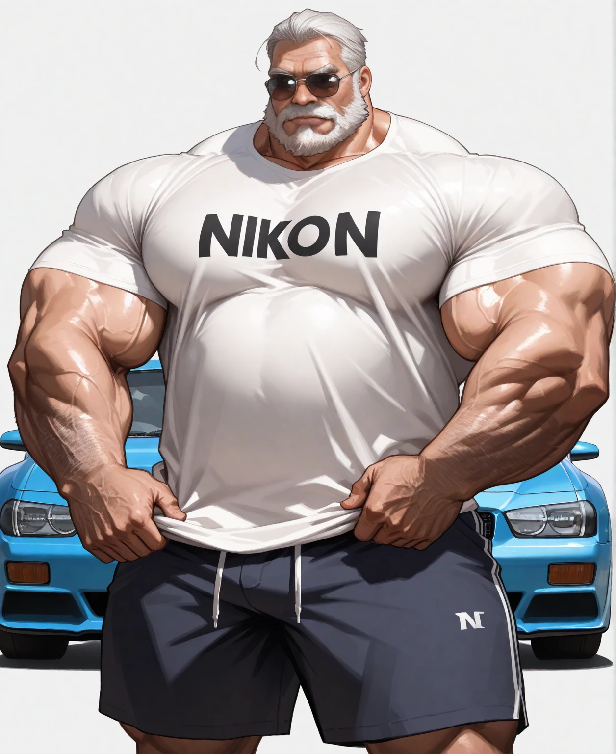 (magazine cover), with text, solo, 1boy, (Huge Muscular Old man as a boxer , wearing shorts, and tank top) (short hair), pectoral, abnormal muscle size, very big muscle, absurdly muscle size, huge pectoral, wide pectoral, (bara pecs: 1.3), short white hair, short bearded, simple background, masterpiece, high detailed, 8k, high resolution, --style 250, -- v 6.0