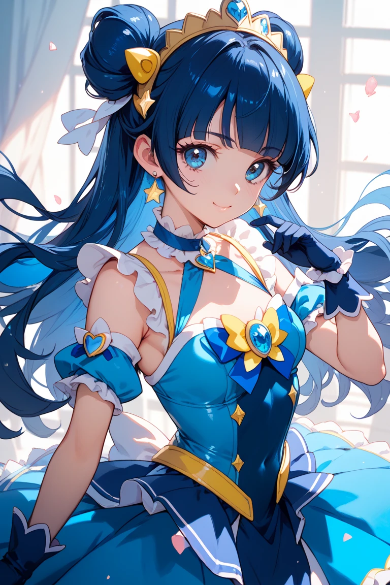 masterpiece, best quality, 1 girl, <lora:houshou_hanon_v1:0.7>, ho1, blue hair, long hair, gloves, star (symbol), necklace, earrings, star hair ornament, dress, medium breasts, light smile, cowboy shot, NSFW