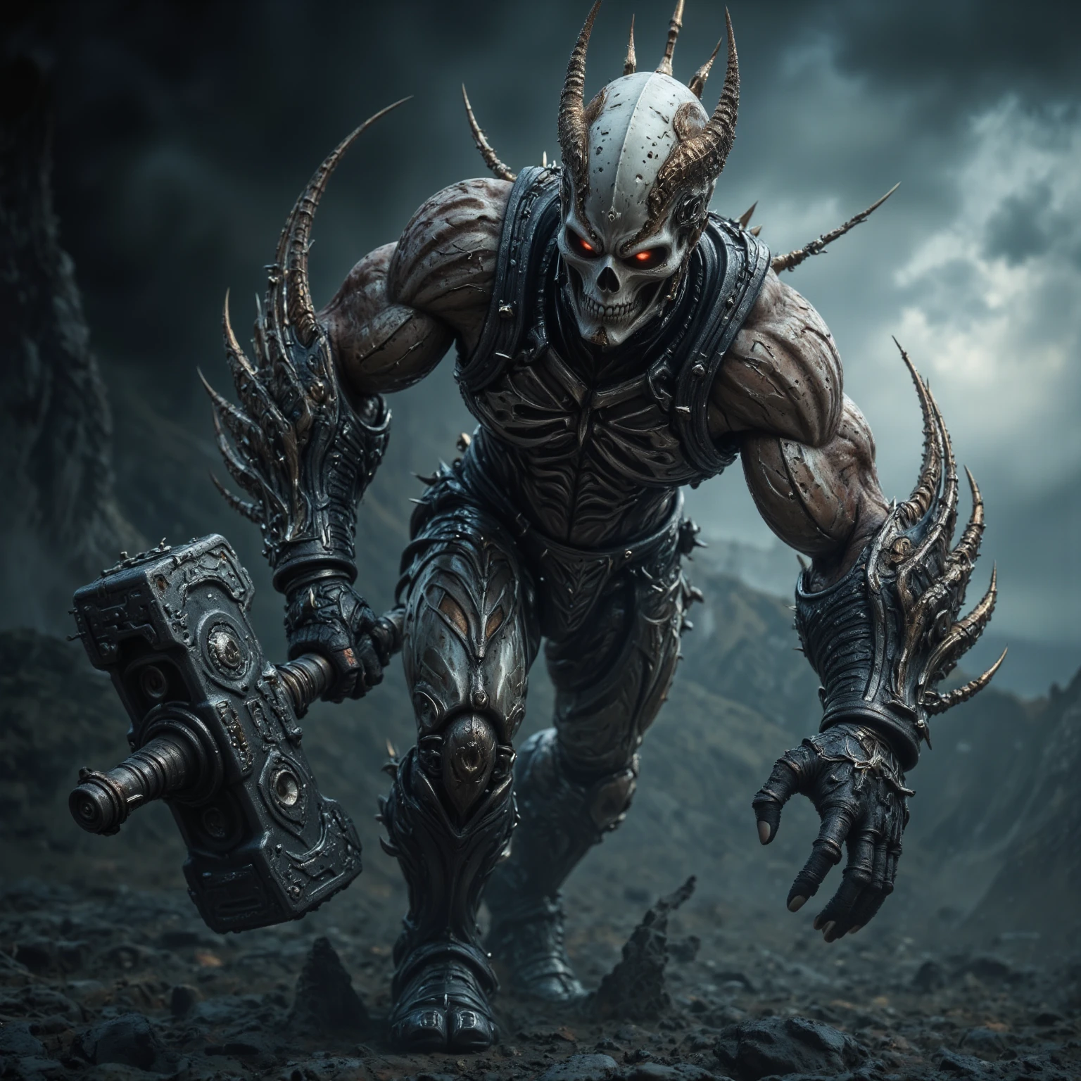 best quality, high_resolution, distinct_image,mechanical axe,oger, battle, orc skull, guro