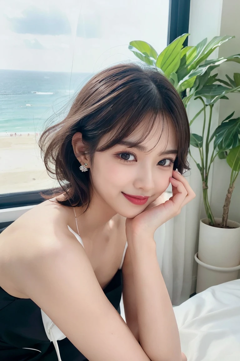 ((best picture quality, 8k, masterpiece:1.3)), 1 girl, beautiful woman:1.3, (Short hair details), Wedding dress, Super thin face, delicate eyes, double eyelids，Smile，bride，perfect bodycon dress，huge))