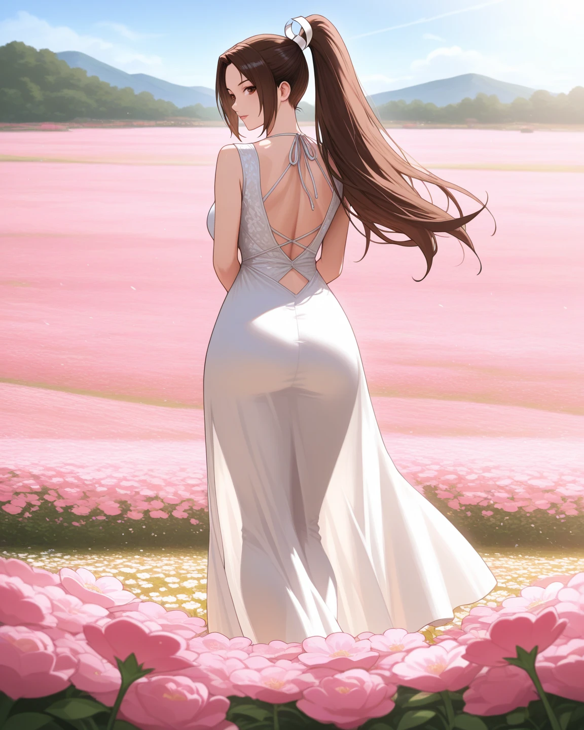 Coquette girl, long brown wavy hair, big breasts, sexual seductive pose, huge breasts, wearing a white flowing lace dress with breasts out, wearing pink bows, in a meadow with plants and flowers, warm spring day, doggy style, bent over with arched back, butt and pussy showing from the back, fingering herself from the back