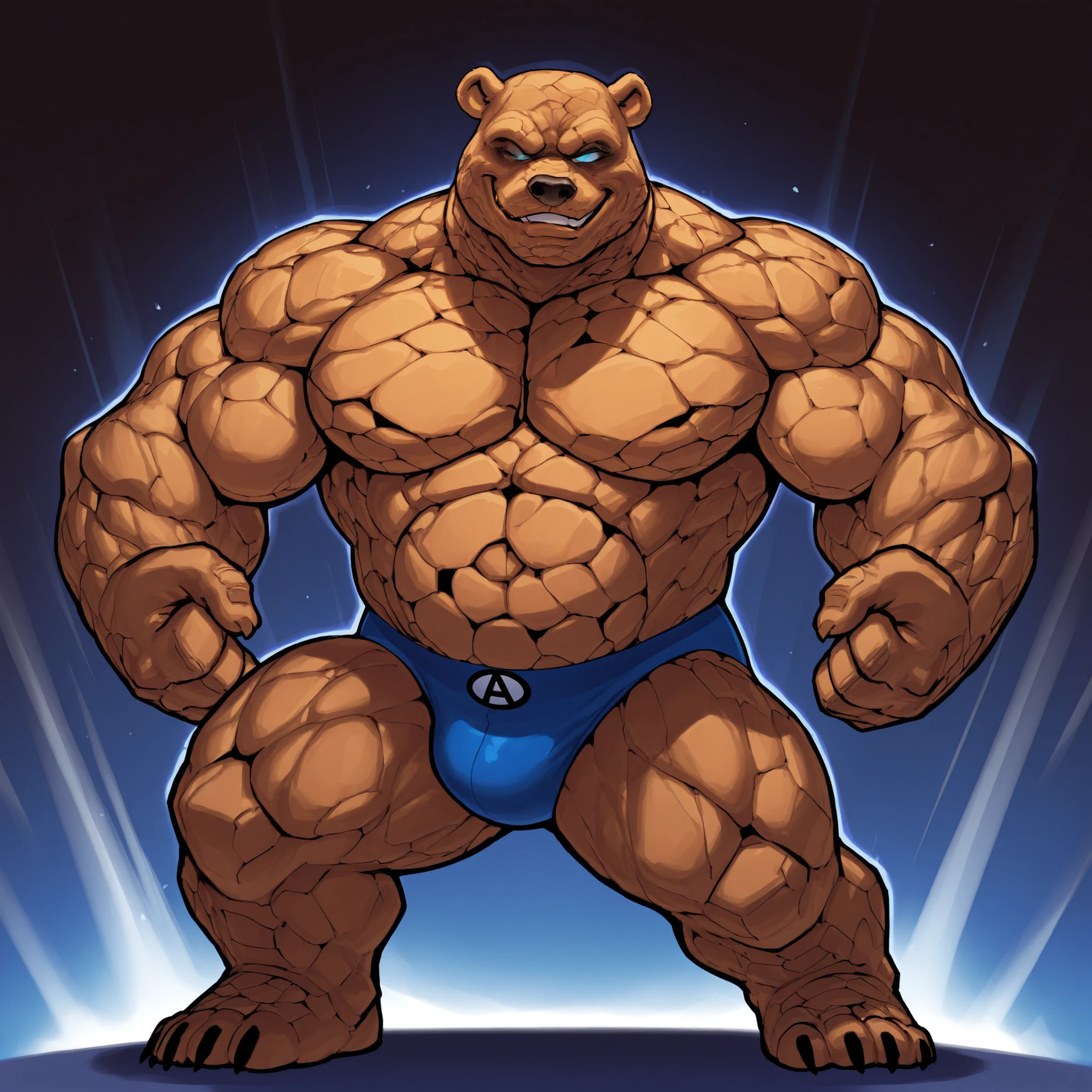 A huge muscular grizzly bear, the thing from fantastic four marvel comics, blue competitive briefs, furious growling expression, powerful stance, anthropomorphic, hyperrealistic, cinematic lighting, vibrant colors, detailed fur texture, photorealistic, dramatic shadows, 8k, best quality, masterpiece