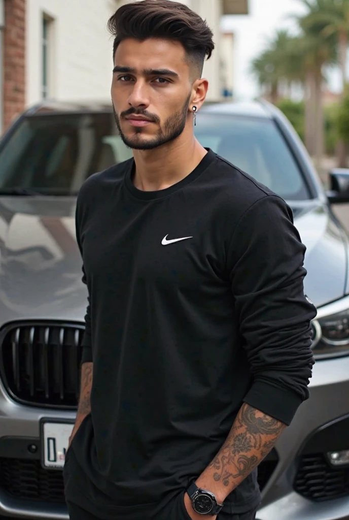 Make me a 2D photo of a man of Russian origin in an Adidas T-shirt, short haircut, brown hair, with a spider web tattoo on his elbow and back, his BMW X3 2011 and everything in gangster style