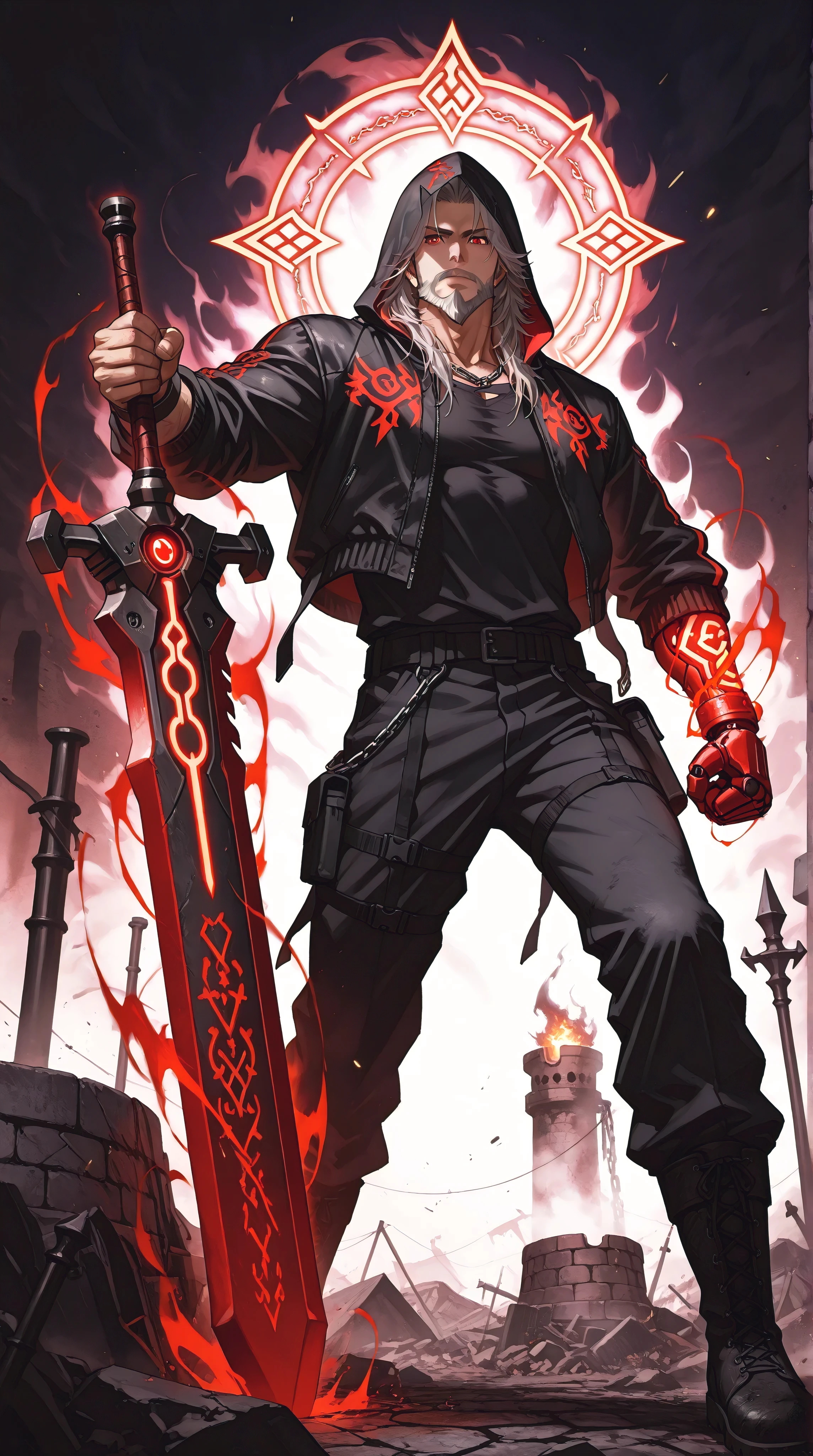 male, 27 years old, urban dark fantasy, black parka jacket, glowing red kanji straps, glowing red eyes, shadowy hood, slim athletic build, demonic mechanical right arm, gothic details, tight black shirt, ripped tactical pants, rune engravings, heavy combat boots, chains, cursed industrial greatsword, glowing red digital runes, floating red spell scrolls, cursed aura, dominant pose, cracked dusty battlefield, dark smoky background, swirling ash, anime style, ultra detailed, gothic tech aesthetic, cinematic lighting, urban mystic warrior, masterpiece, thick beard, full and dense facial hair, well-groomed, rugged masculine appearance, dark beard, textured and voluminous, slightly wild but maintained, strong jawline covered in beard, realistic hair strands, natural flow