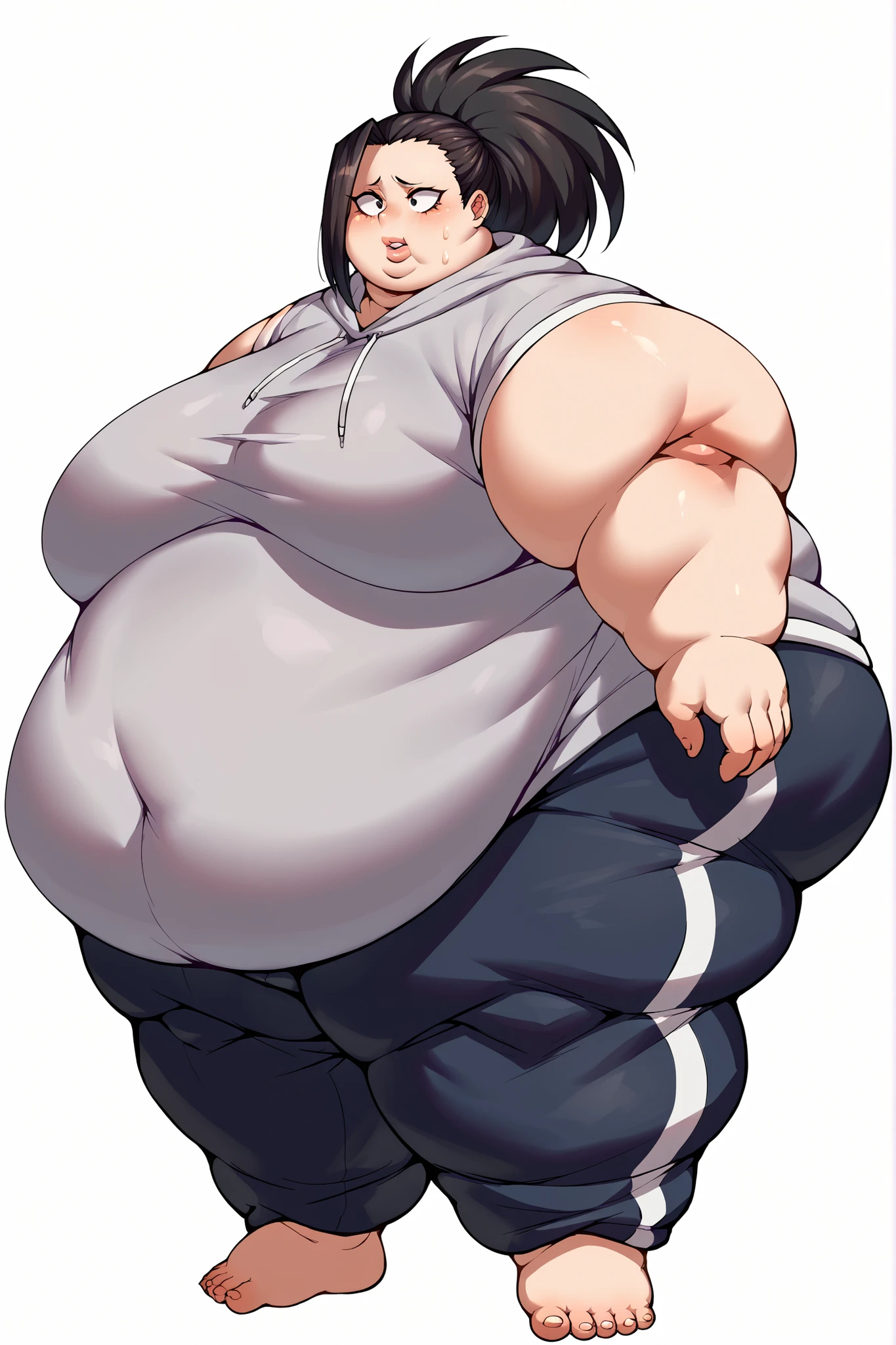 Girl becoming a fat blob monster, becoming a fat blob, fat, grey hoodie, sweatpants, yaoyorozumomo, black eyes, black hair, ponytail, long hair, hair pulled back, giant hands, giant feet, fat, chubby, obese, gigantic arms and legs, gigantic breasts, sagging breasts, full body shot, fat face, chubby face, double chins, big lips