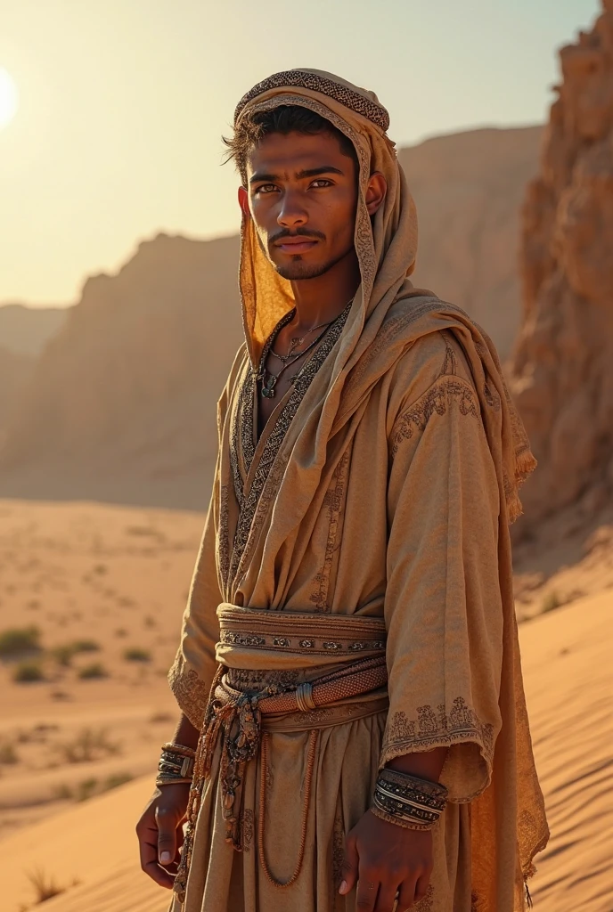 A man with Sun tanned Skin , chiseled facial features, windswept hair, piercing eyes , Adorned in desert robes adorned with intricate patterns inspired by dunes and camels, he epitomizes the spirit of the arid wilderness. With every step,
fascinating desert background, Eye catching photo, Masterpiece picture,nikon d850 film stock photograph 4 kodak portra 400 camera f1.6 lens rich colors hyper realistic lifelike texture dramatic lighting unreal engine trending on artstation cinestill 800,8k