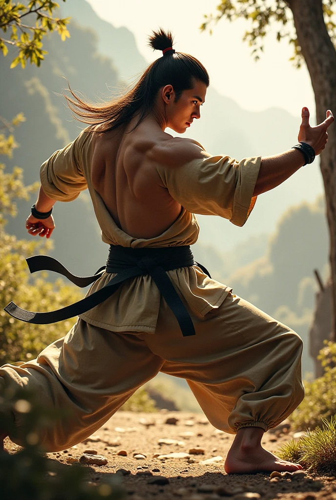 (photorealism:1.2)
A Chinese man with a leanest physique, black karate pants and is shirtless with long black hair. He looks like he is in his mid 20s. He is outside on top of a mountain, training by himself in martial arts.