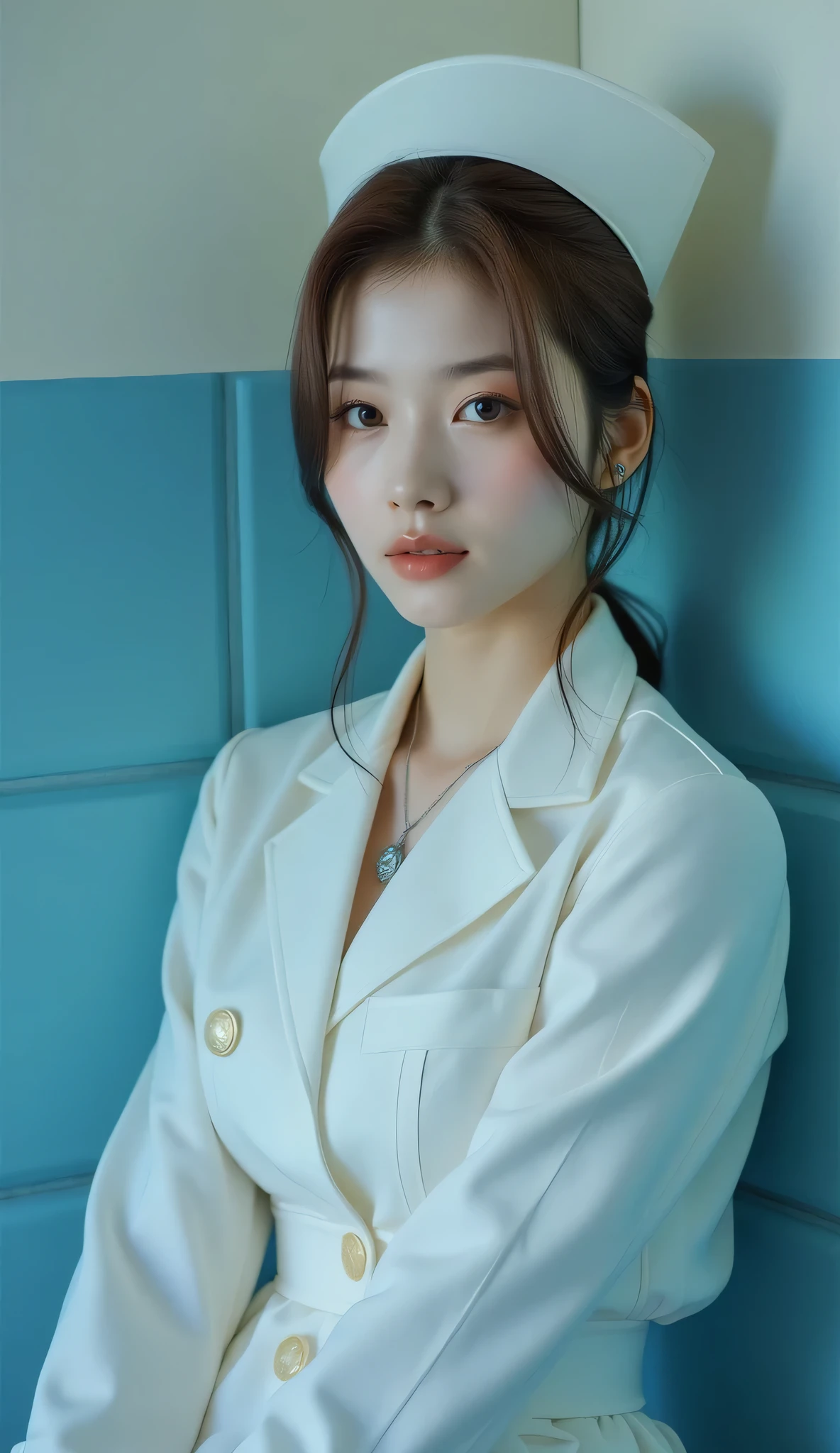 long shot, whole body,A very beautiful Japanese nurse, wearing a nurse uniform, sitting in a cell looking at the camera