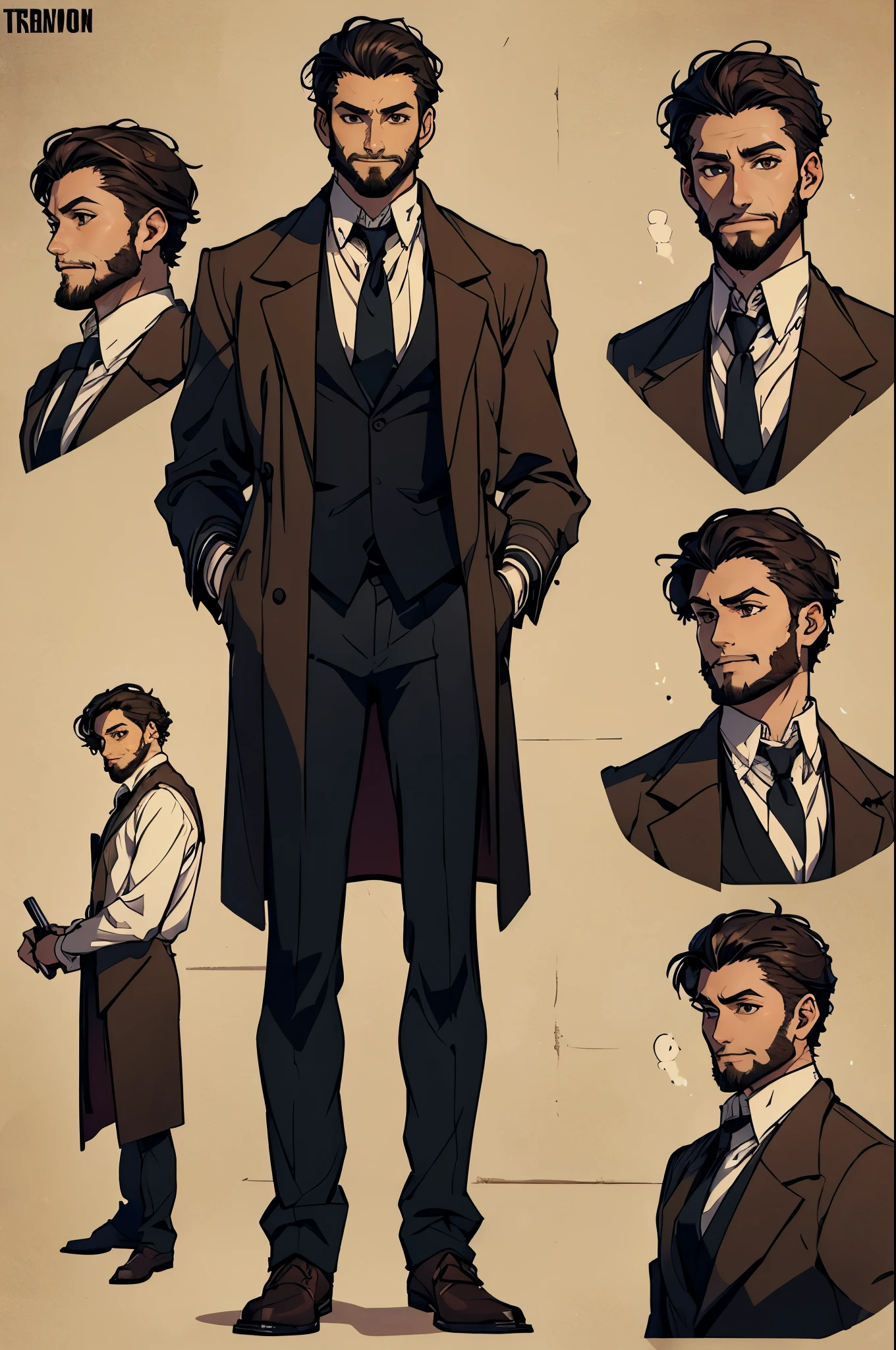 One man young man, tall, white shirt, trenchcoat, black trousers, tie, tall, boots, messy hairs, slight beard, smirk, brown eyes, character concept art, front view