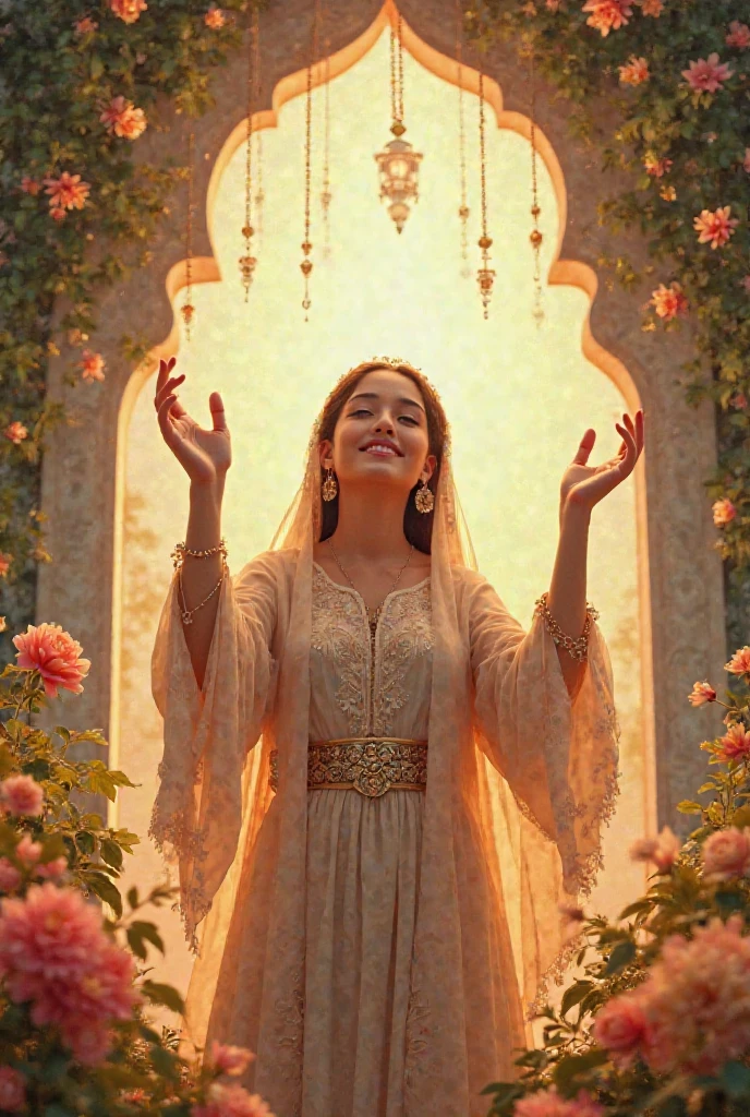 a old beautiful adult girl wearing a shawl hijab with a drawstring chiffon top, wearing a tiered chiffon skirt with floral motifs, wearing a watch and bracelet, wearing beautiful sandals, wearing a small leather backpack on her back while smiling happily, is in a fairy tale house, there is a mushroom house and there are 4 a beautiful fairy in human form and seven dwarfs