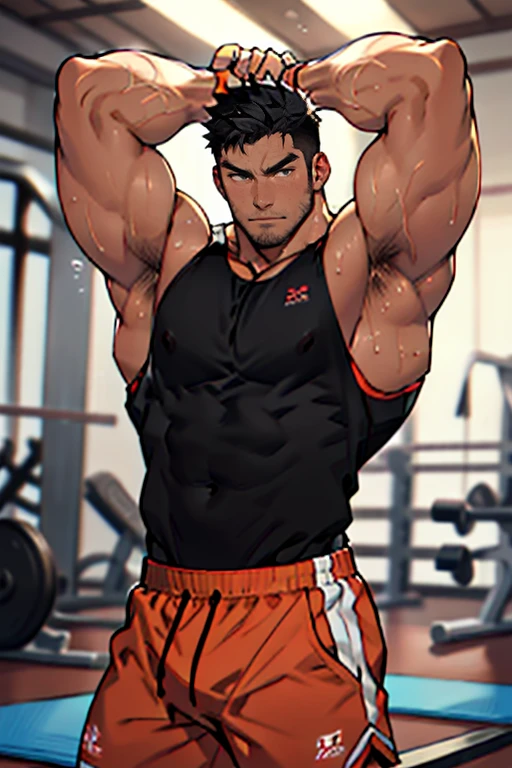 (anime, official art, best quality:1.3),16K, dynamic angle, dynamic pose, Wrestling ring in high school gymnasium, very manly face, beefy boy, (see-through, white wrestling singlet:1.5, bulge crotch), Very short black hair with glamorous skin:1.2, ((tanned skin1:5, tanlines:1.2)), detailed beautiful face and eyes, chris redfield
