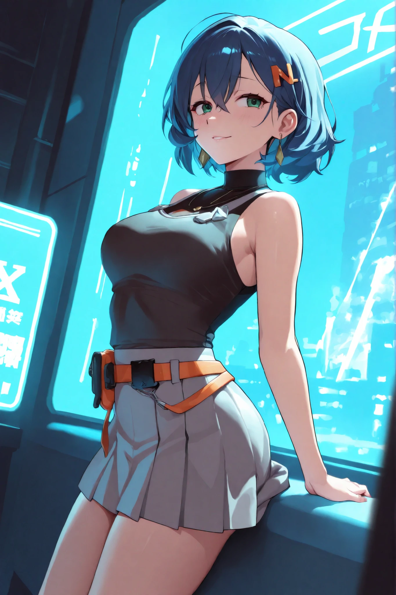 A mature anime-style girl lying on a bed with her legs open showing her vagina, Holding her legs with her hands, with a short silver school-style mini skirt with an orange girdle and a black neckline, muted blue hair with an orange letter N as a hairpin