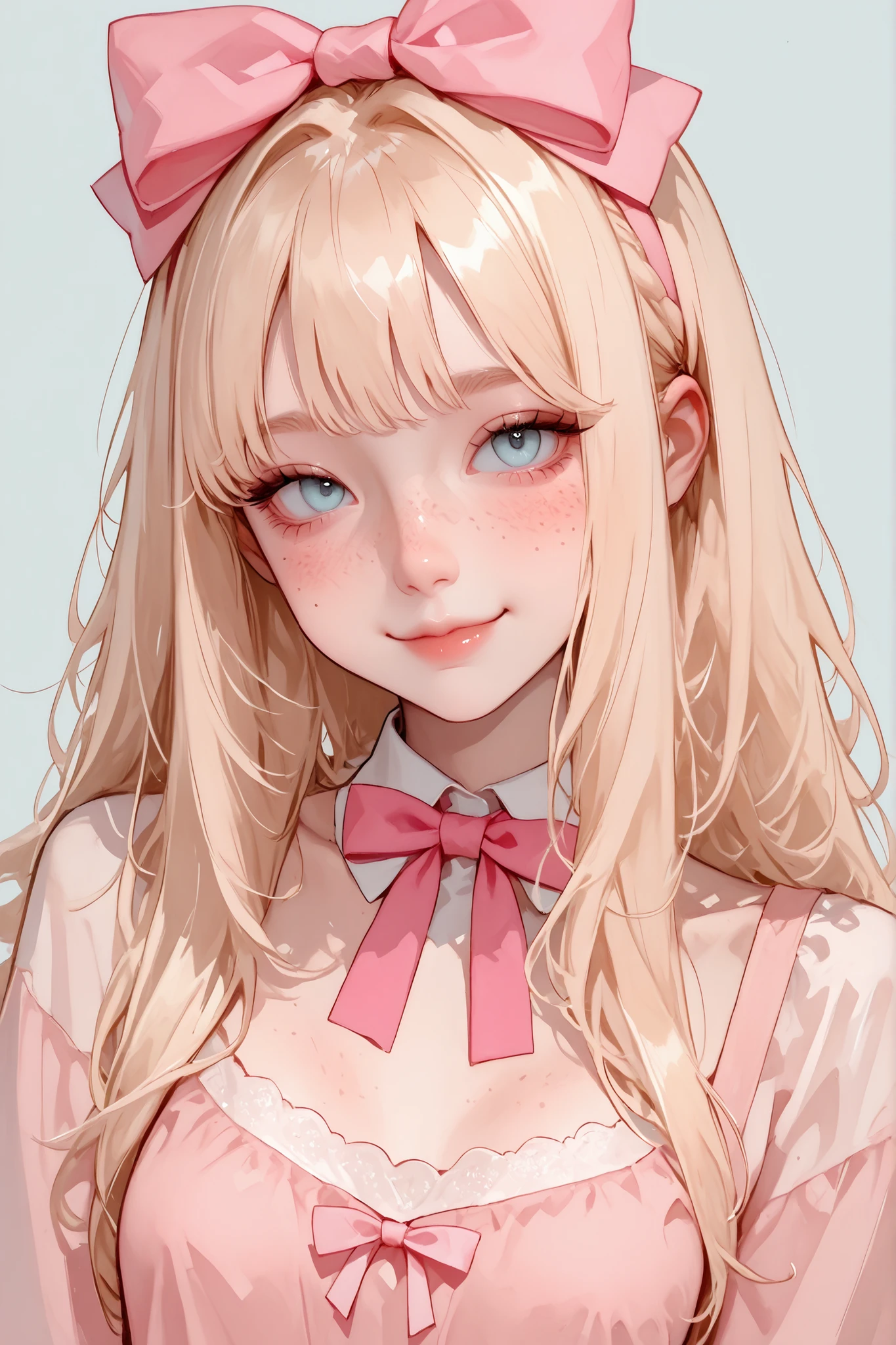 A beautiful girl, very cute and delicate. She has long, light blonde hair with bangs, light blue eyes, fair skin, small and cute breasts, and a pink bow on her head. Smiling in a cute way, she also has freckles on her cheeks.