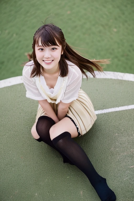 ((Whole body))、(((Sit on the ground)))、A 16-year-old high school student who is as cute as an idol、高校の制服はCleavageが見えるデザイン、Cleavage、Young and pretty face、Smiling Kindly、RAW Photos、Genuine、Genuine、realism、RAW Photos、High resolution