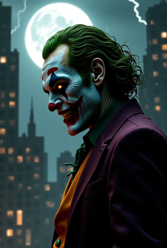 Close a powerful threat, The creepy appearance of the mysterious and creepy Joker, O inimmigo do Batman, vestido com de forma elegante mas colorida, menacing stare, ricamente detalhado, Hiper realista, 3D-rendering, obra-prima, NVIDIA, RTX, ray-traced, Bokeh, Night sky with a huge and beautiful full moon, estrelas brilhando, 8k,