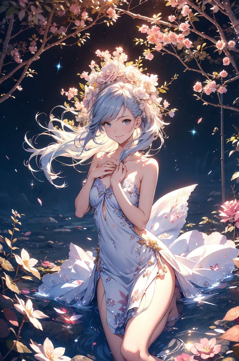 1 Girl,(white) short hair,blue eyes,, very cute,(Introverted and cute),((Small breasts)),Happy,Flowers