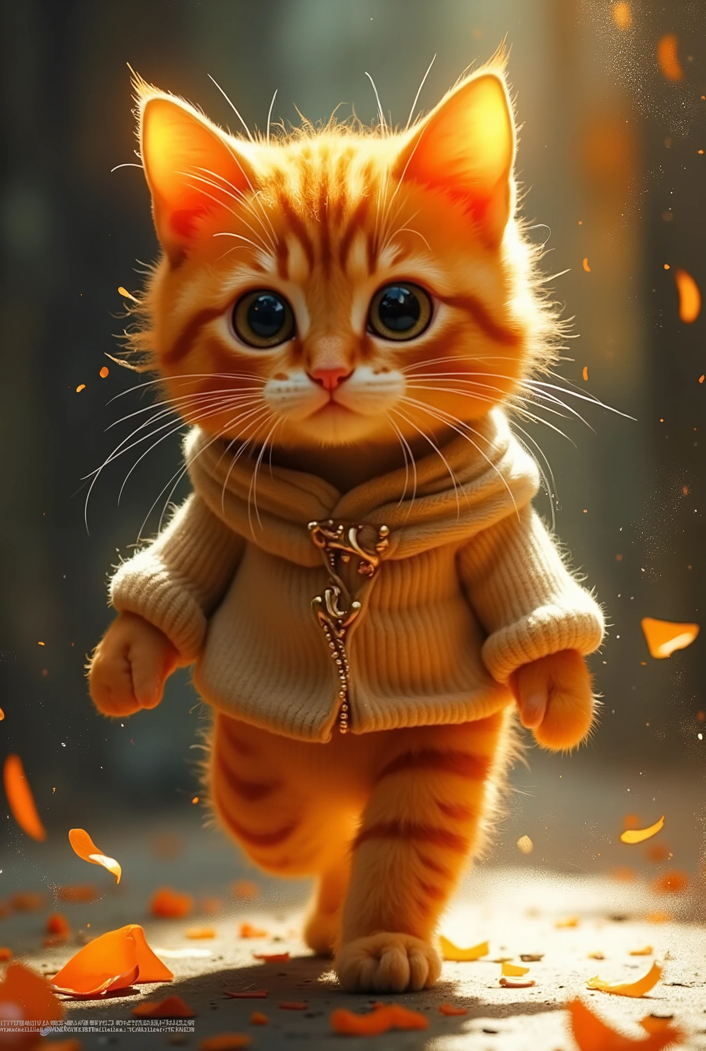 ((kucing oren)), ((masterpiece)), (detailed), walking, off-shoulder sweater,