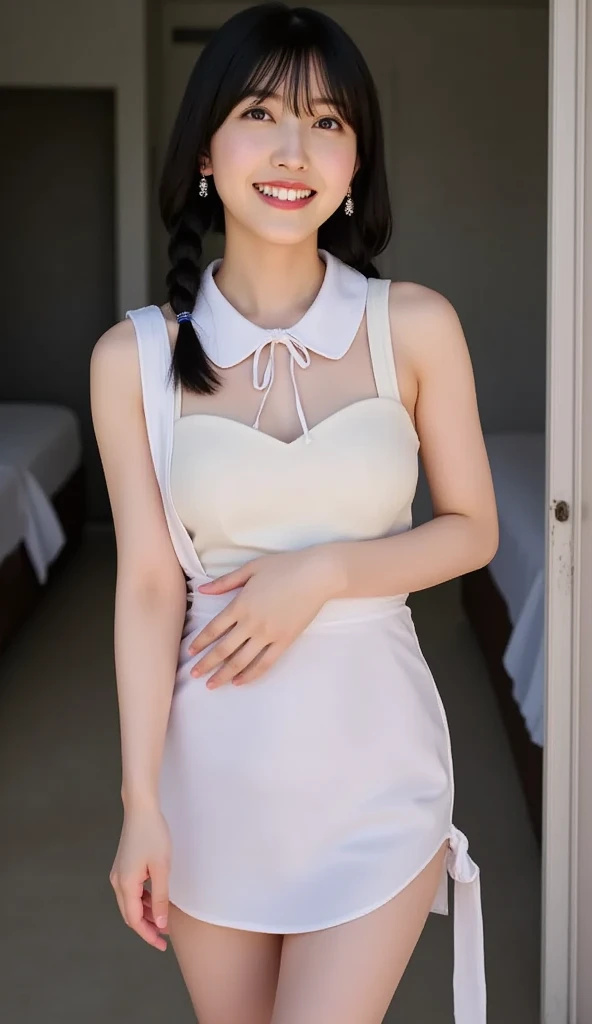 (Highest quality)、(8K)、(masterpiece)、whole body、、Perfect Face、Perfect figure、(Big Breasts)、Slim and toned waist、(Erect nipples)、Thin and beautiful legs、Looking at me with a smile、Sitting on the bed、 White collared sleeveless shirt, black underbust corset、Short tight skirt,A bow tie、legs open to the sides