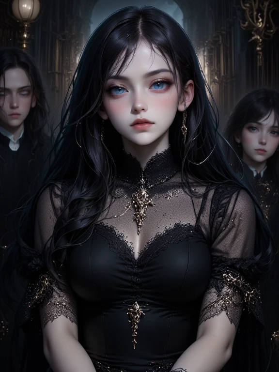 The Gothic family poses in a dark and intriguing setting. The father, tall and slender, wears a black overcoat adorned with lace details and a cross necklace. Her piercing gaze is enhanced by dark makeup and carefully combed back hair.
The mother, of ethereal beauty, wears a long, elegant purple velvet dress with puffy sleeves and lacy collars. Her lips are painted deep red and her hair, black as night, cascades over her shoulders.
The eldest son, with expressive eyes and spiky hair in a punk-gothic style, wears a black leather jacket, full of rivets and chains. His torn pants and heavy boots complete the bold look.
The youngest daughter, with a mysterious air, wears a black dress with lace and ruffles, matching a flowing cape. Her eyes are enhanced by dramatic makeup and she holds an old book with hidden symbols.
In the portrait, the family poses on a sinister staircase, with shadows cast around them. In the background, there are lit candles, casting a dim light and creating a mysterious atmosphere. The scenery is adorned with antique paintings, heavy curtains and a black crystal chandelier.
Each member of the family exudes an air of mystery and Gothic elegance, with an aura of depth and fascination. It's a portrait that captures the essence of Gothic style and aesthetics, revealing an enigmatic and captivating family. --auto --s2