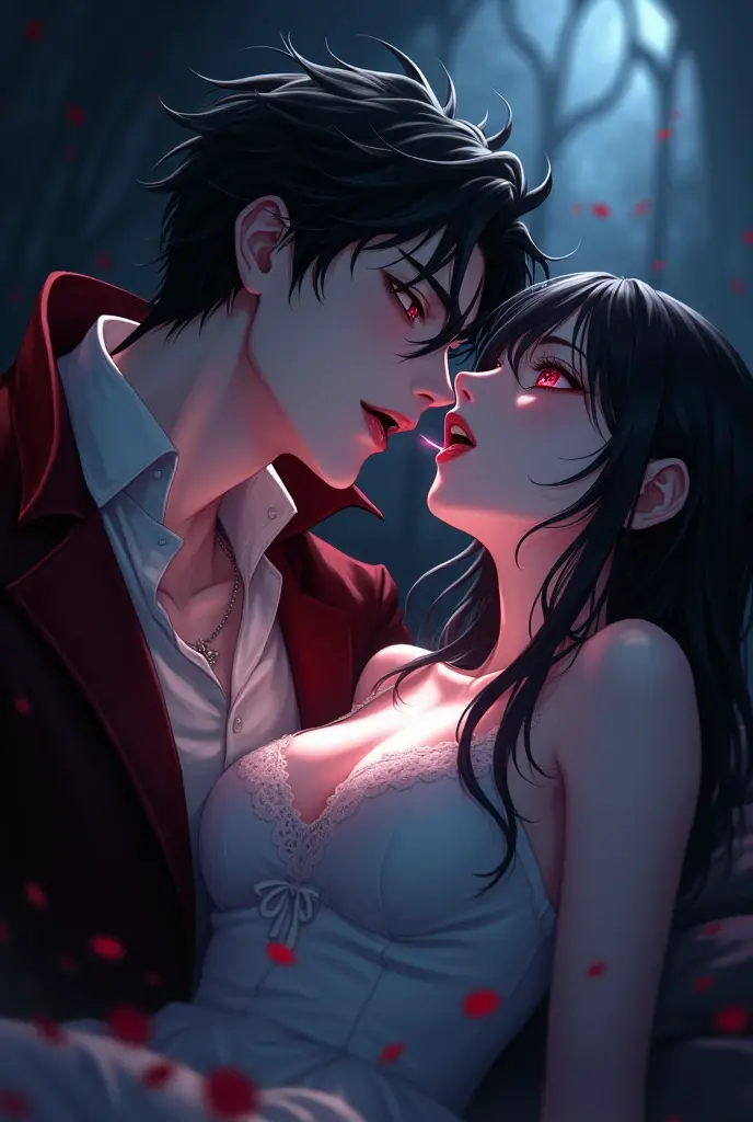 A handsome anime vampire boy is biting an anime girl's neck with his sharp teeth.