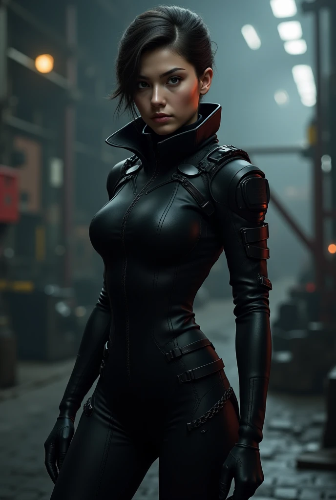 Cyberpunk woman posing for a photoshoot, bizarre fashion, sexy unitard bodysuit, sexy fashion, perfect butt, seen from behind, punk fashion, latex suit, perfect cheeks, sensual pose, cyberpunk style, showing her booty, perfect ass.