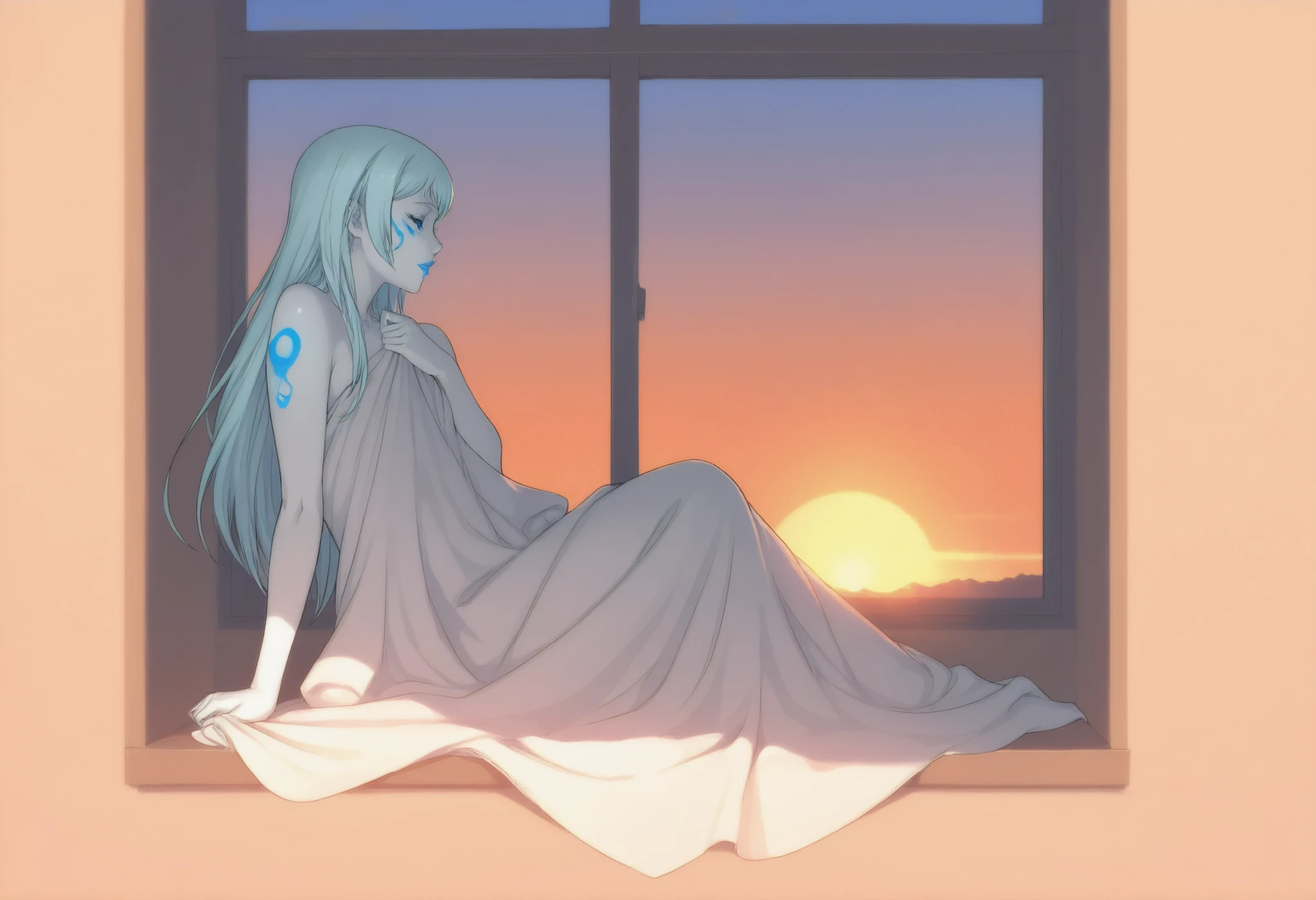 Jarael, alabaster white skin, blue tattoos, facial mark, blue lips, in front of a window, covering herself with a sheet, sunset, evening sun silhouetting her, in profile, elegant, beautiful, extremely detailed, full body, serene, peaceful, open eyes