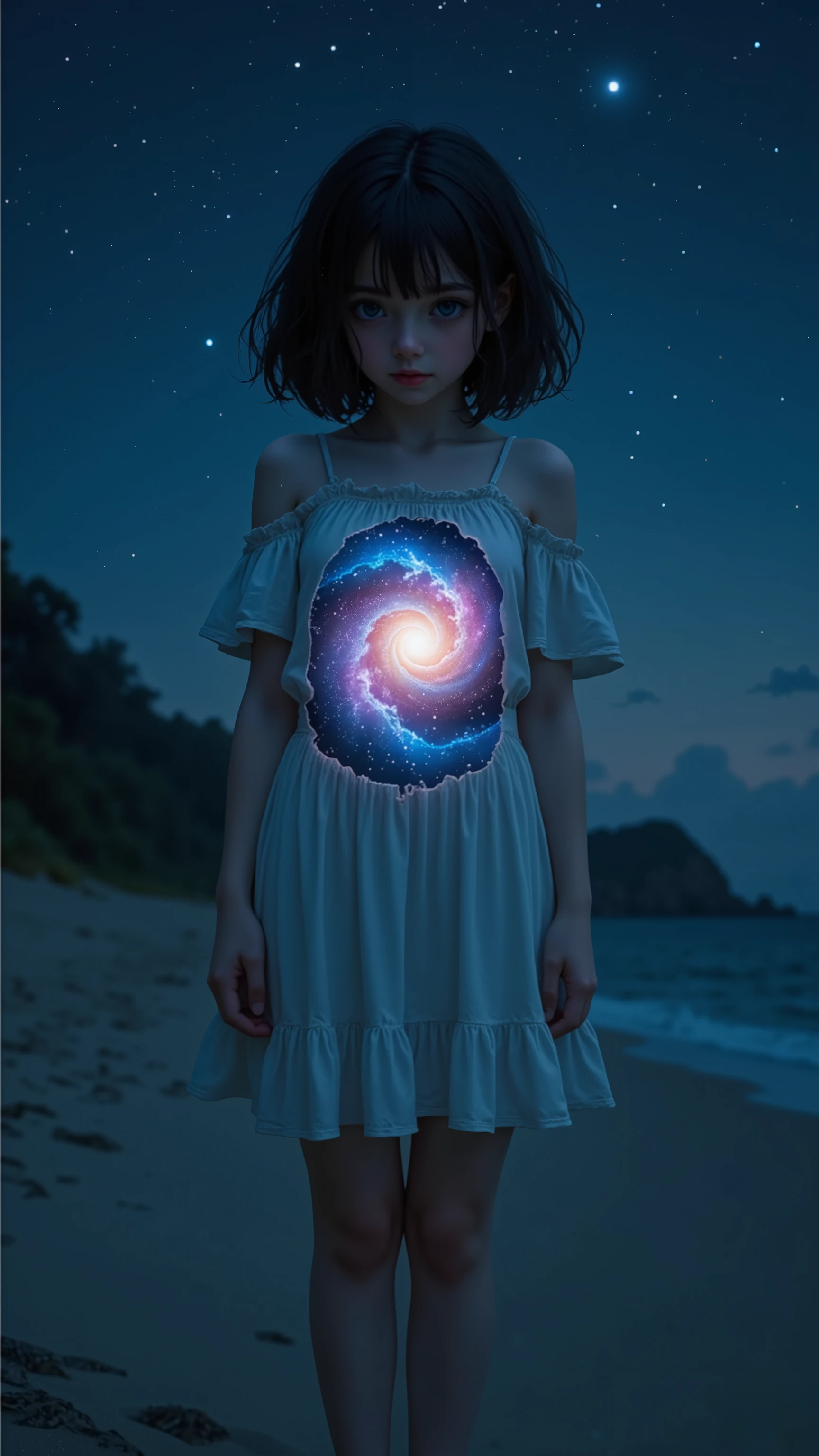 A beautiful girl wearing a white dress stands alone on the beach at night,
her whole body is glowing dimly white,
the inside of her torso is a pitch black universe in which a spiral galaxy slowly rotates,
a beautiful girl with a galaxy inside her body,
the girl is facing forward,