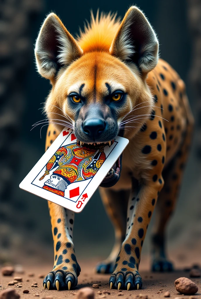 A huge evil wide grinning hyena exposing a set of sharp yellow teeth sitting at a living room table playing cards, background shadows, nightmare
