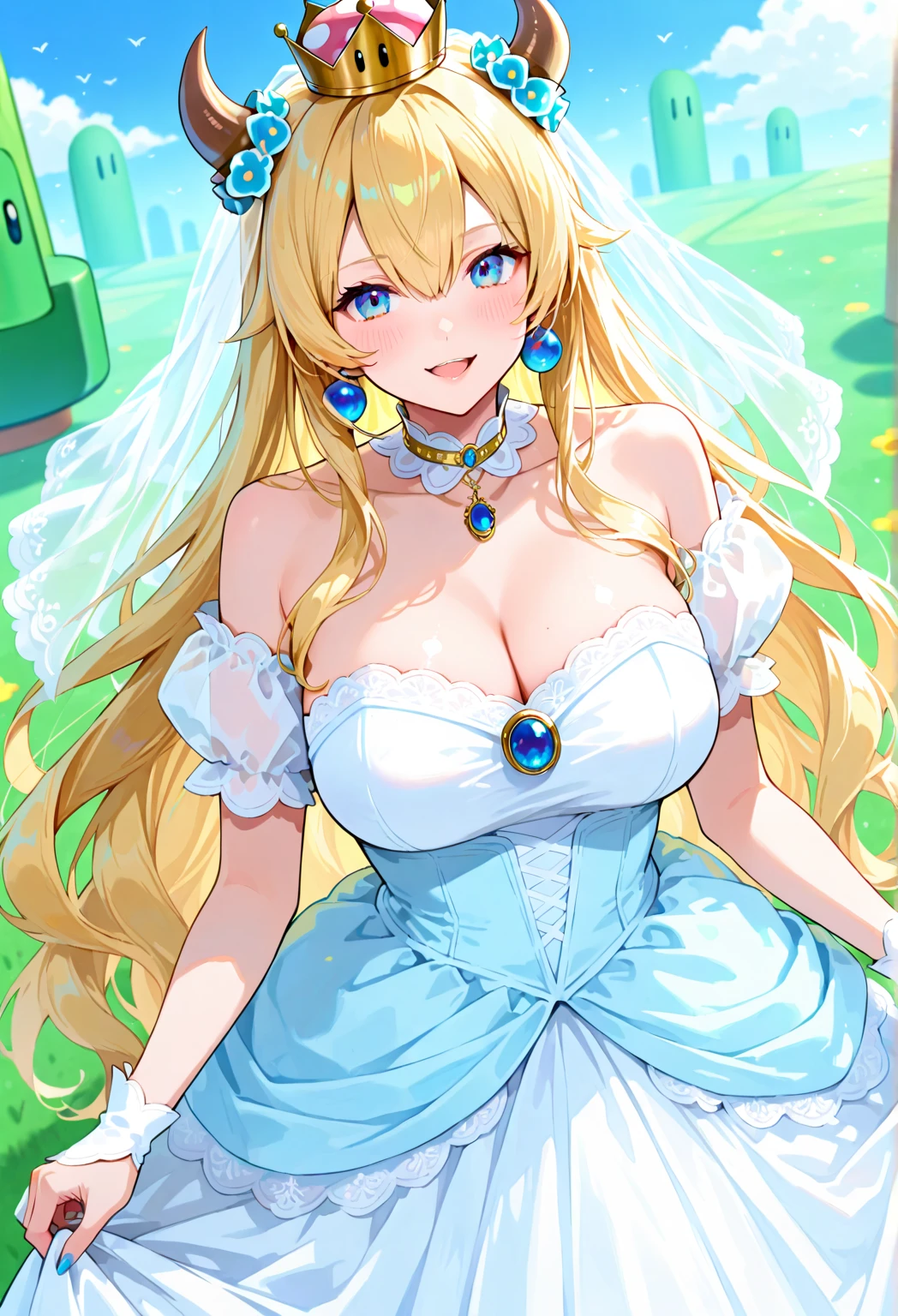 Masterpiece, best quality, Princess Peach, big_breasts, blonde_female, blonde_hair,  blue_eyes, breasts, cleavage, hair_between_eyes, hourglass_figure, huge_breasts, solo, 1girls, strapless, smile, white wedding dress, wedding veil, upper body, holding bouquet, church,  pov
